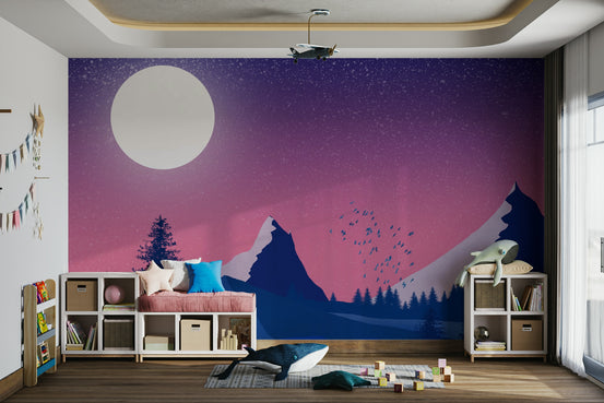 The Cold Mountains by Winter wallpaper with a pink-purple starry sky, big white moon and blue peaks in a kids playroom