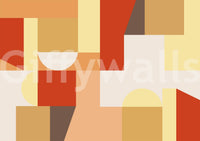 The Coming of Coziness wallpaper mural close-up showing warm geometric blocks and half-circles in rust, mustard and peach