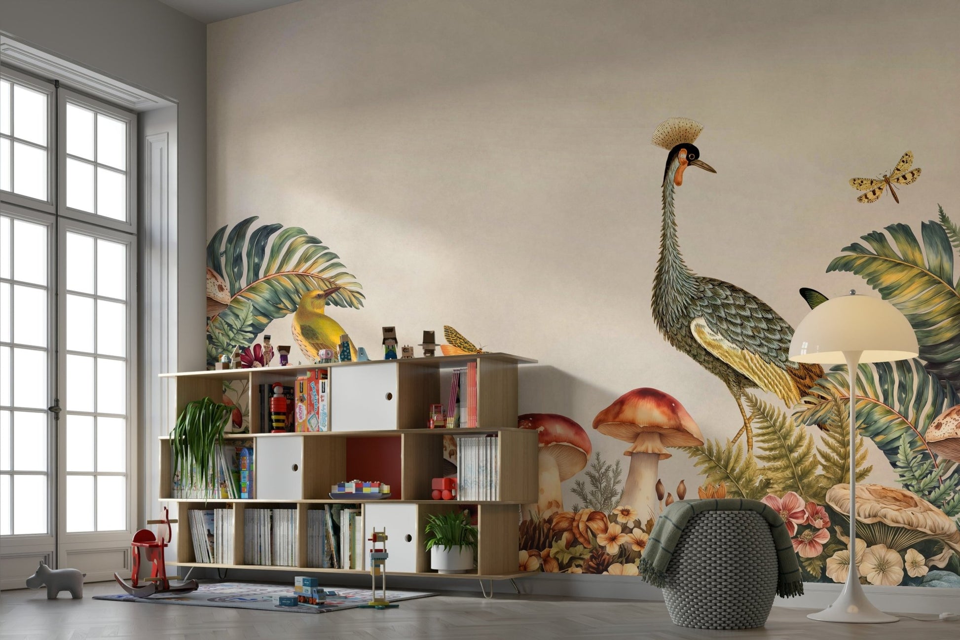 A wall mural of cranes in a forest garden.

