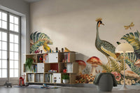 A wall mural of cranes in a forest garden.

