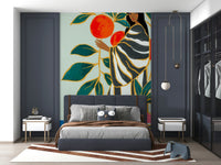 The Keeper of Oranges wallpaper mural of a woman and oranges behind a gray bed framed by navy paneled walls