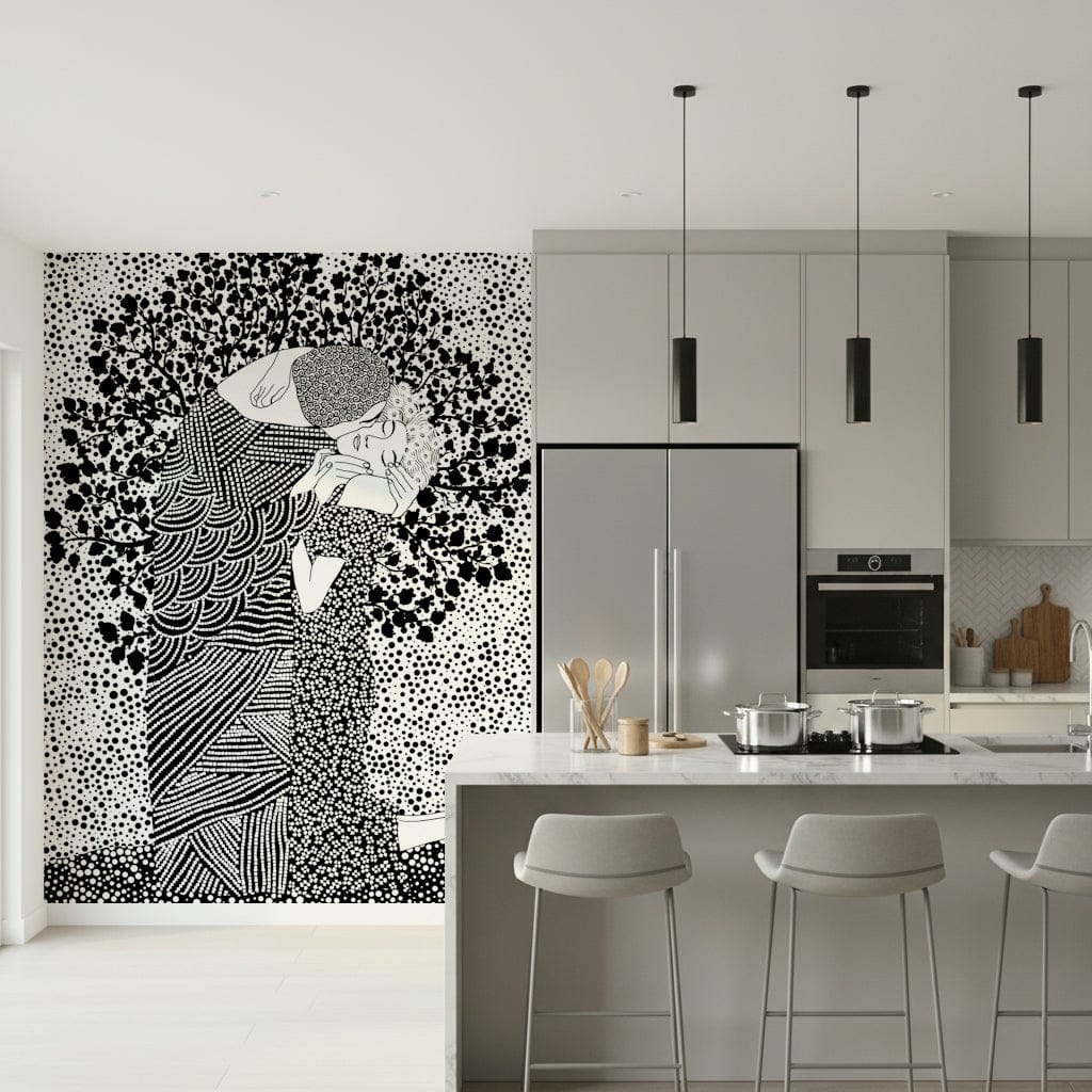 The Kiss II wallpaper mural of a monochrome couple behind a grey kitchen island with bar stools