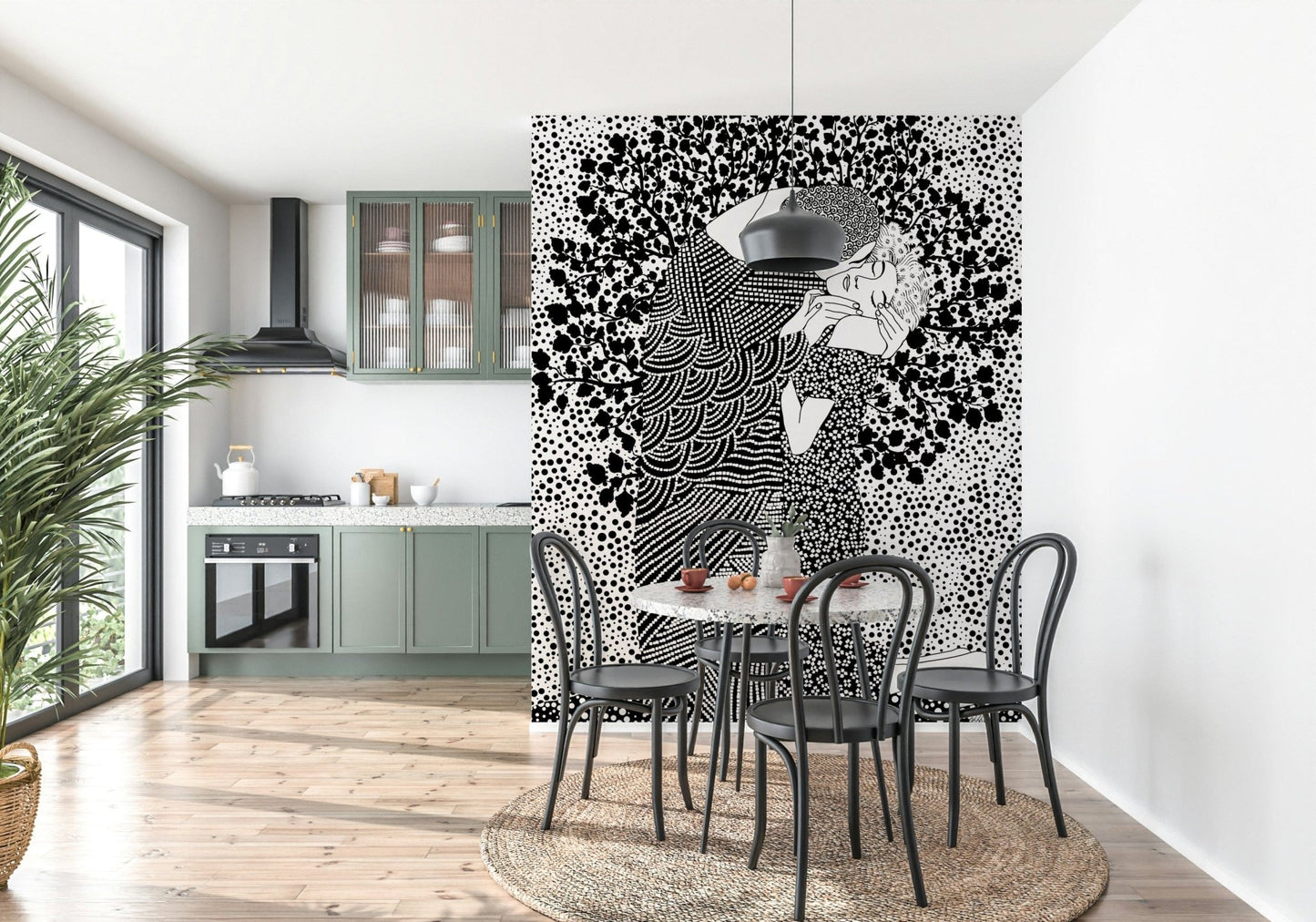 The Kiss II wallpaper mural of a monochrome embracing couple behind a marble bistro table and black chairs