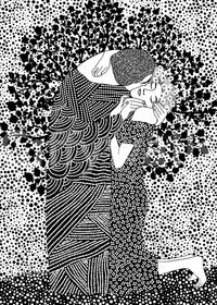 The Kiss II wallpaper mural showing the full black and white artwork of an embracing couple in dotted line art