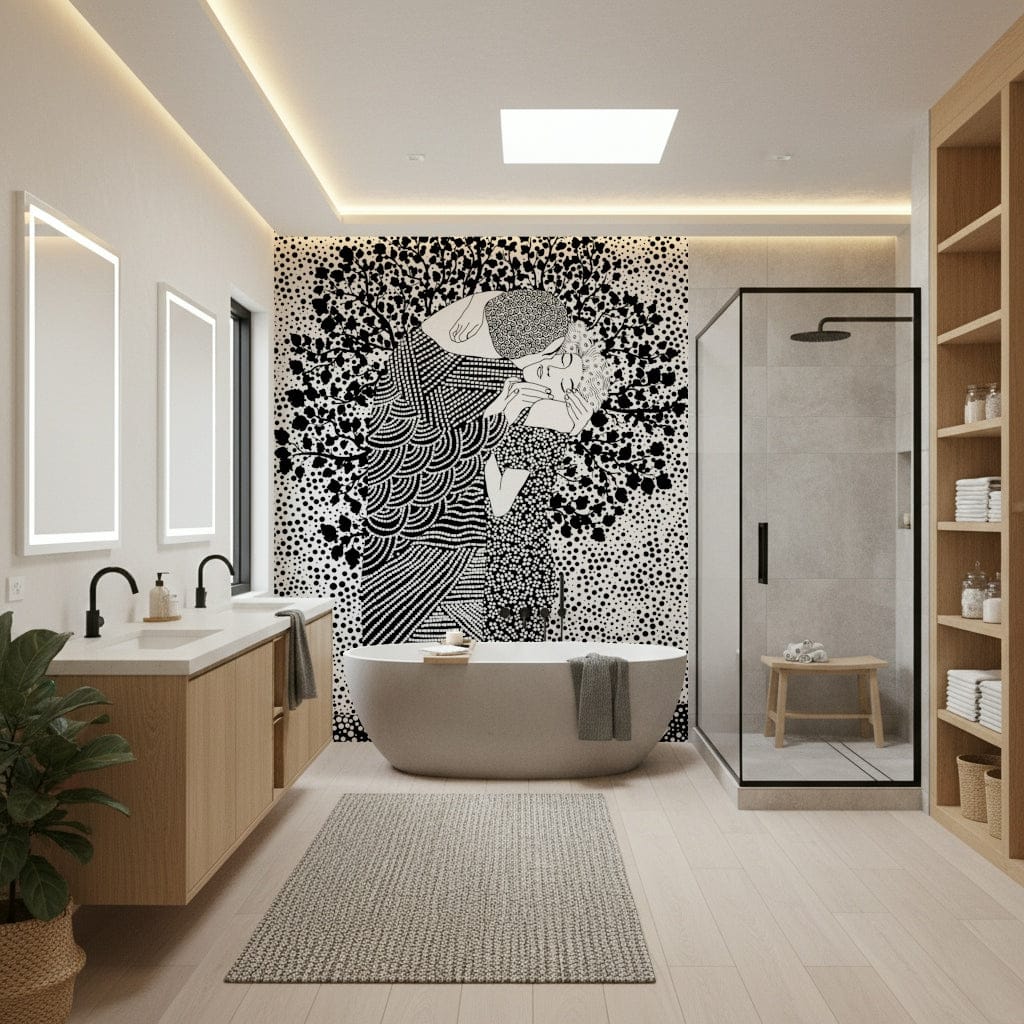 The Kiss II wallpaper mural of a black and white embracing couple behind a freestanding tub and glass shower