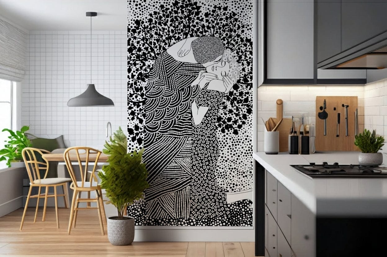 The Kiss II wallpaper mural of a monochrome couple between a white breakfast nook and a grey kitchen