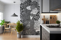 The Kiss II wallpaper mural of a monochrome couple between a white breakfast nook and a grey kitchen
