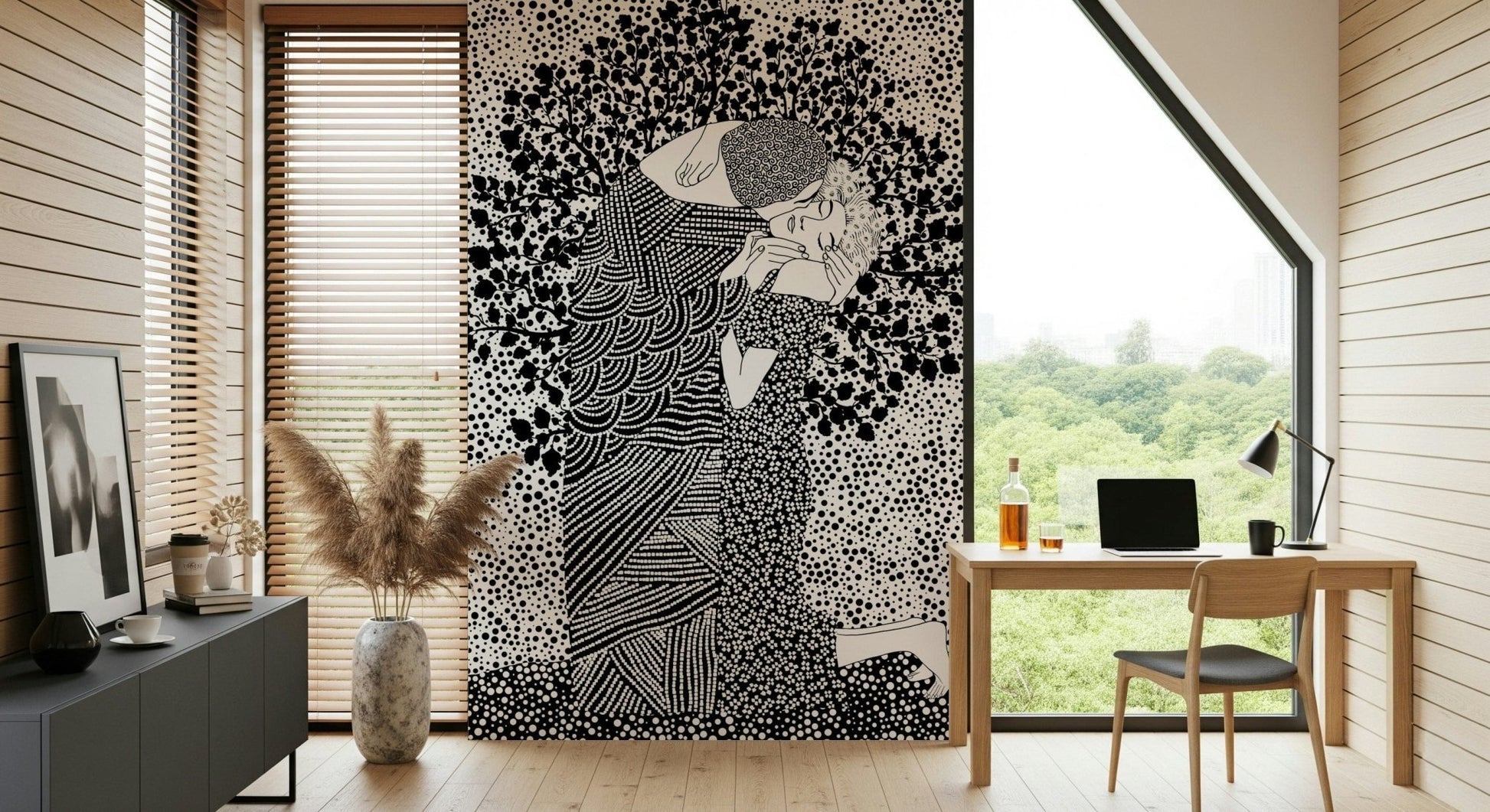 The Kiss II wallpaper mural of a monochrome embracing couple behind a wood desk by a large window