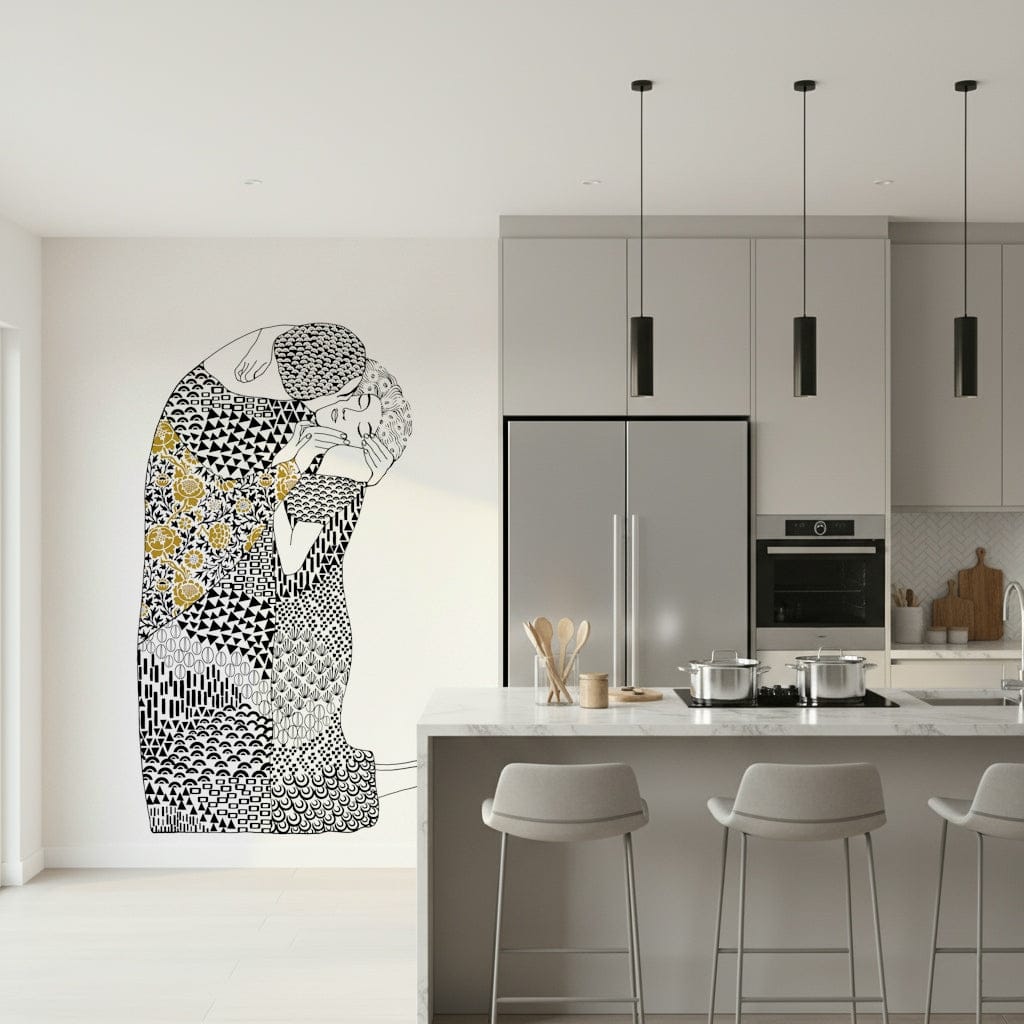 The Kiss wallpaper mural of a kissing couple beside a gray kitchen island with bar stools