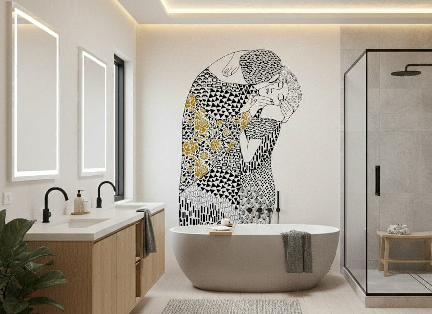 The Kiss wallpaper mural of an embracing couple behind a freestanding tub in a modern bathroom