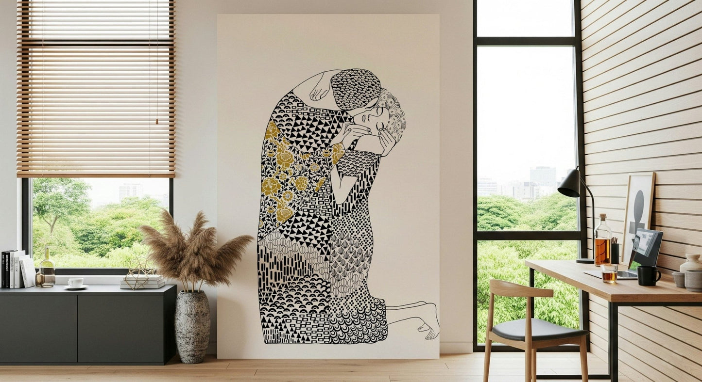 The Kiss wallpaper mural with gold florals behind a dark sideboard in a home office