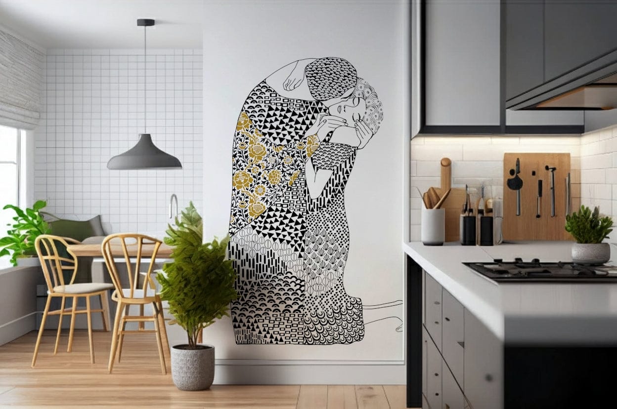 The Kiss wallpaper mural in monochrome behind a wood breakfast nook beside a gray kitchen