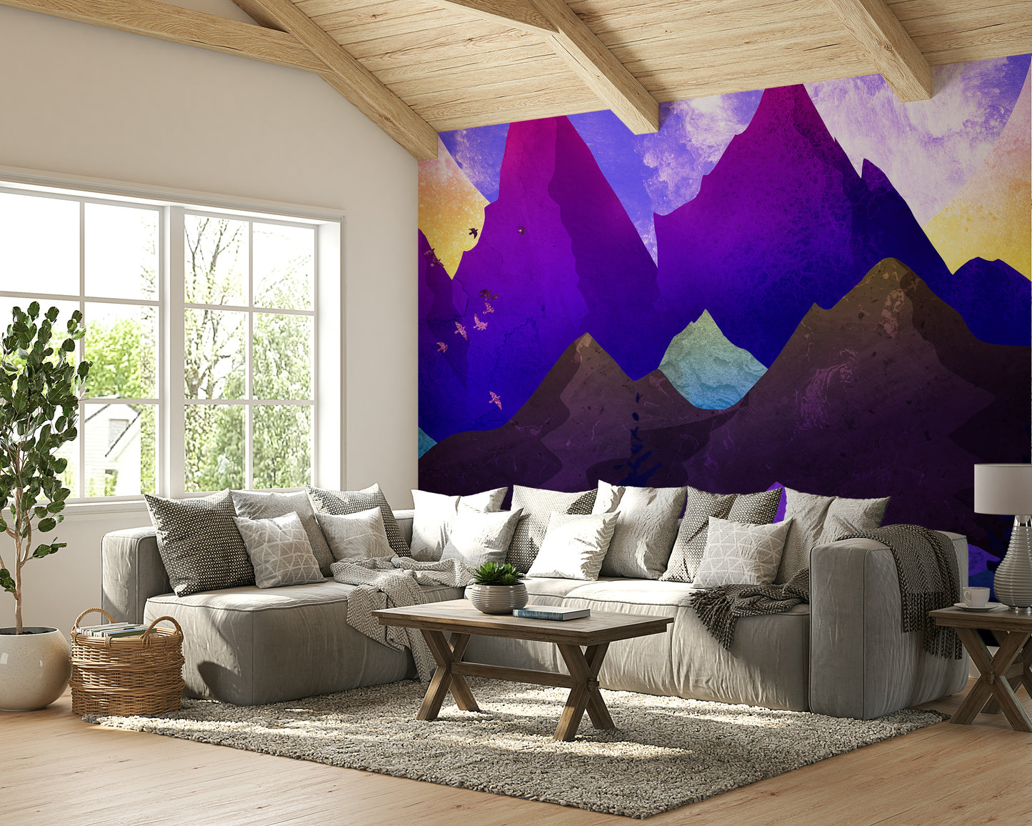 Hallway geometric mountains wallpaper on full wall, clean color
