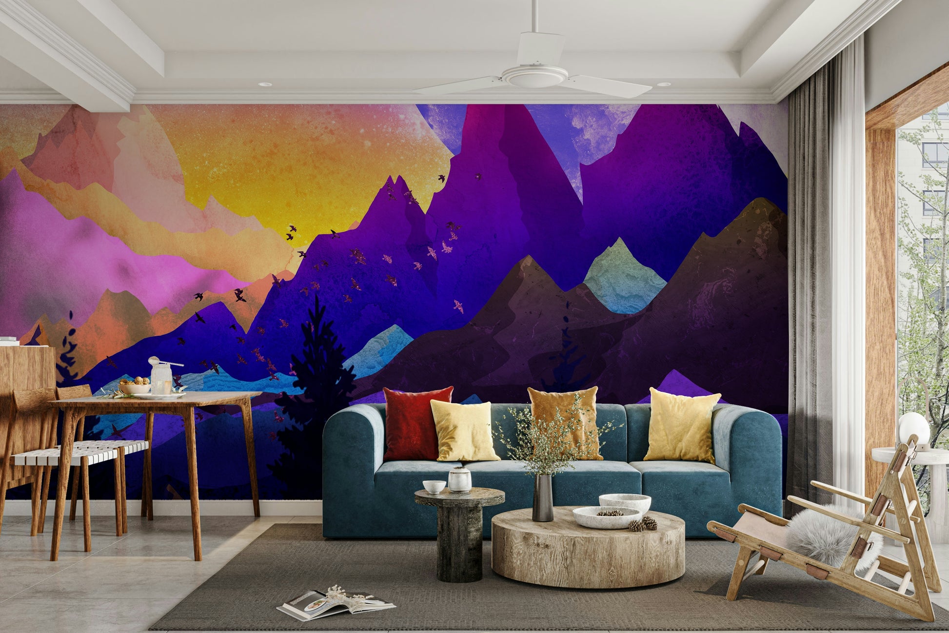 Nursery pastel mountains wallpaper as accent wall, gentle color