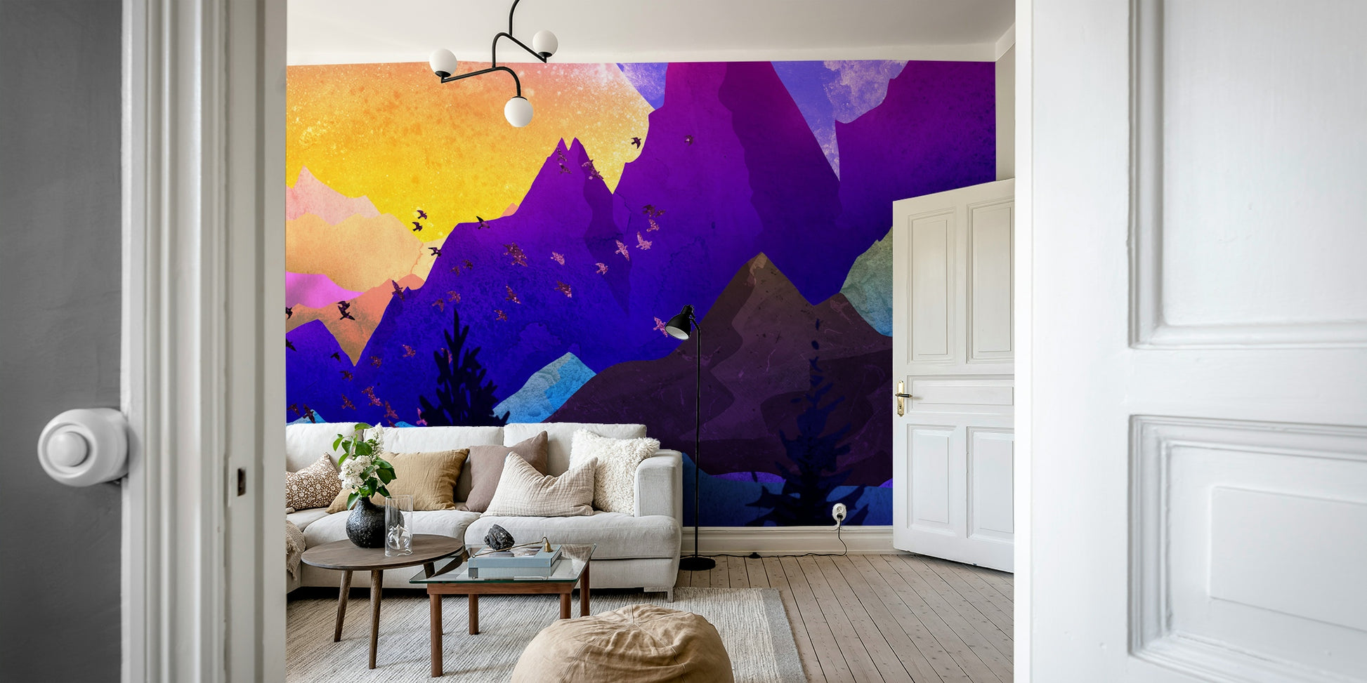 Dining room playful hills wallpaper on feature wall, vivid color