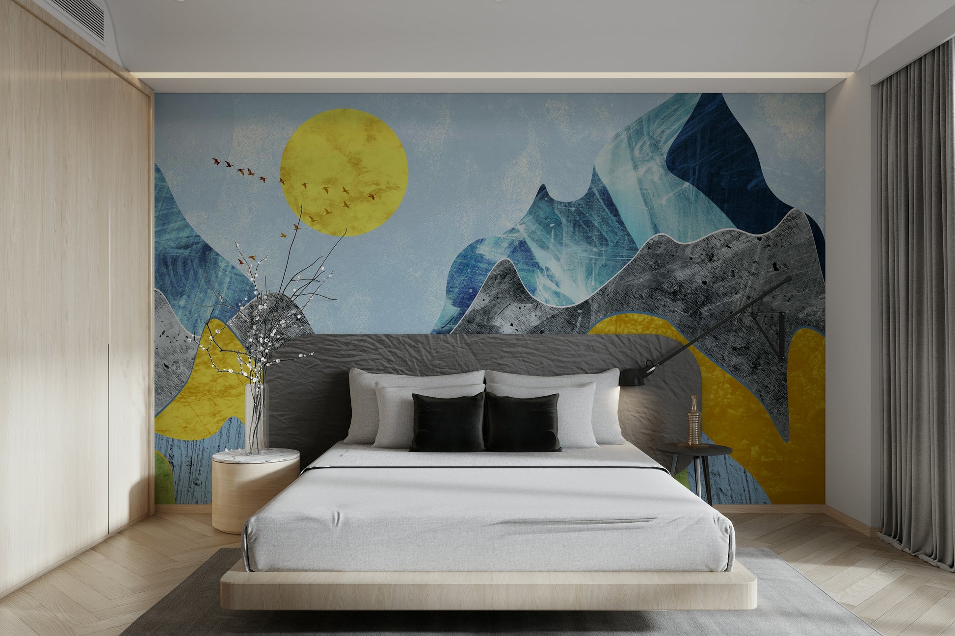 The marbled mountains mural providing a calm backdrop in a contemporary hallway.