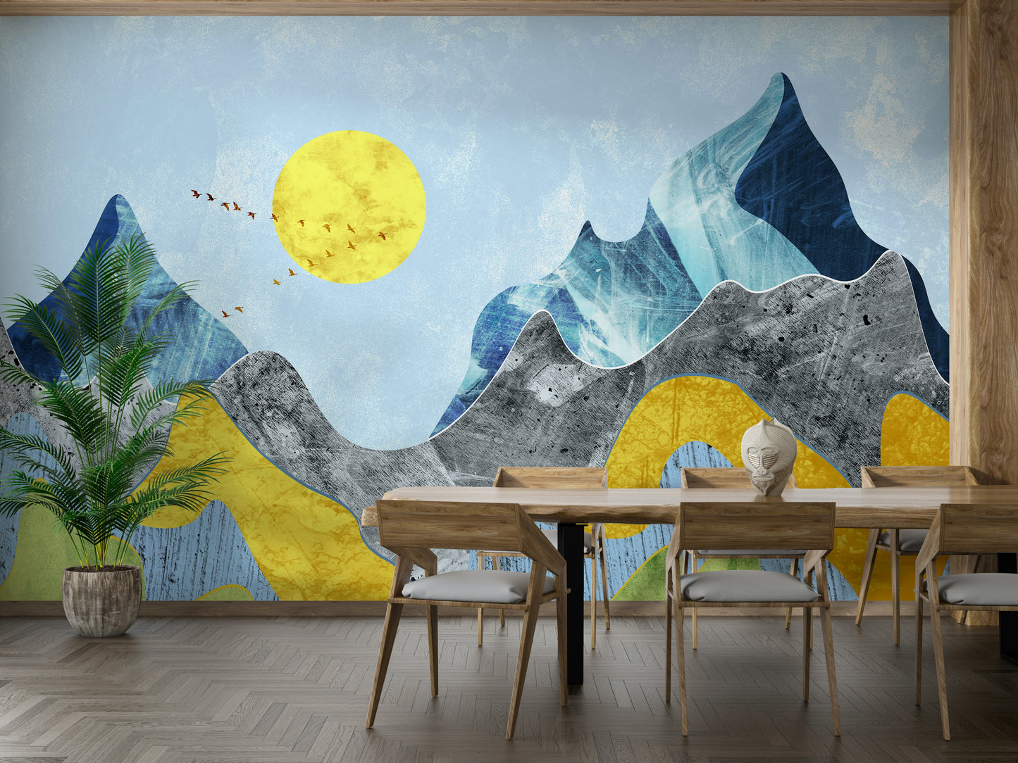 Artistic mineral swirls for a guest bedroom feature wall with white linen bedding.