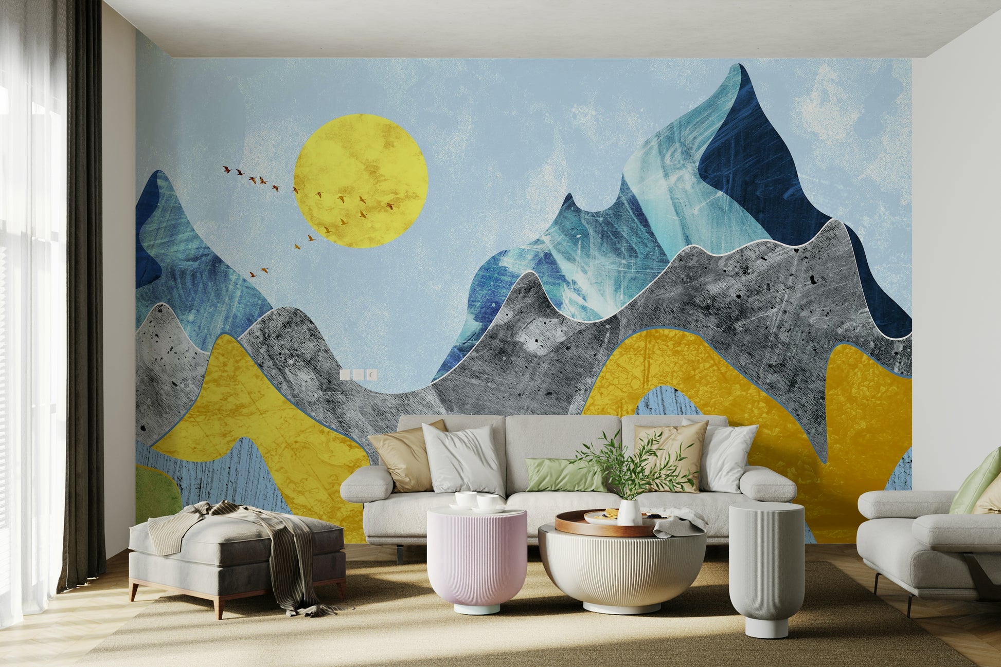 Elegant stone effect wallpaper for a primary bedroom with copper light fixtures.