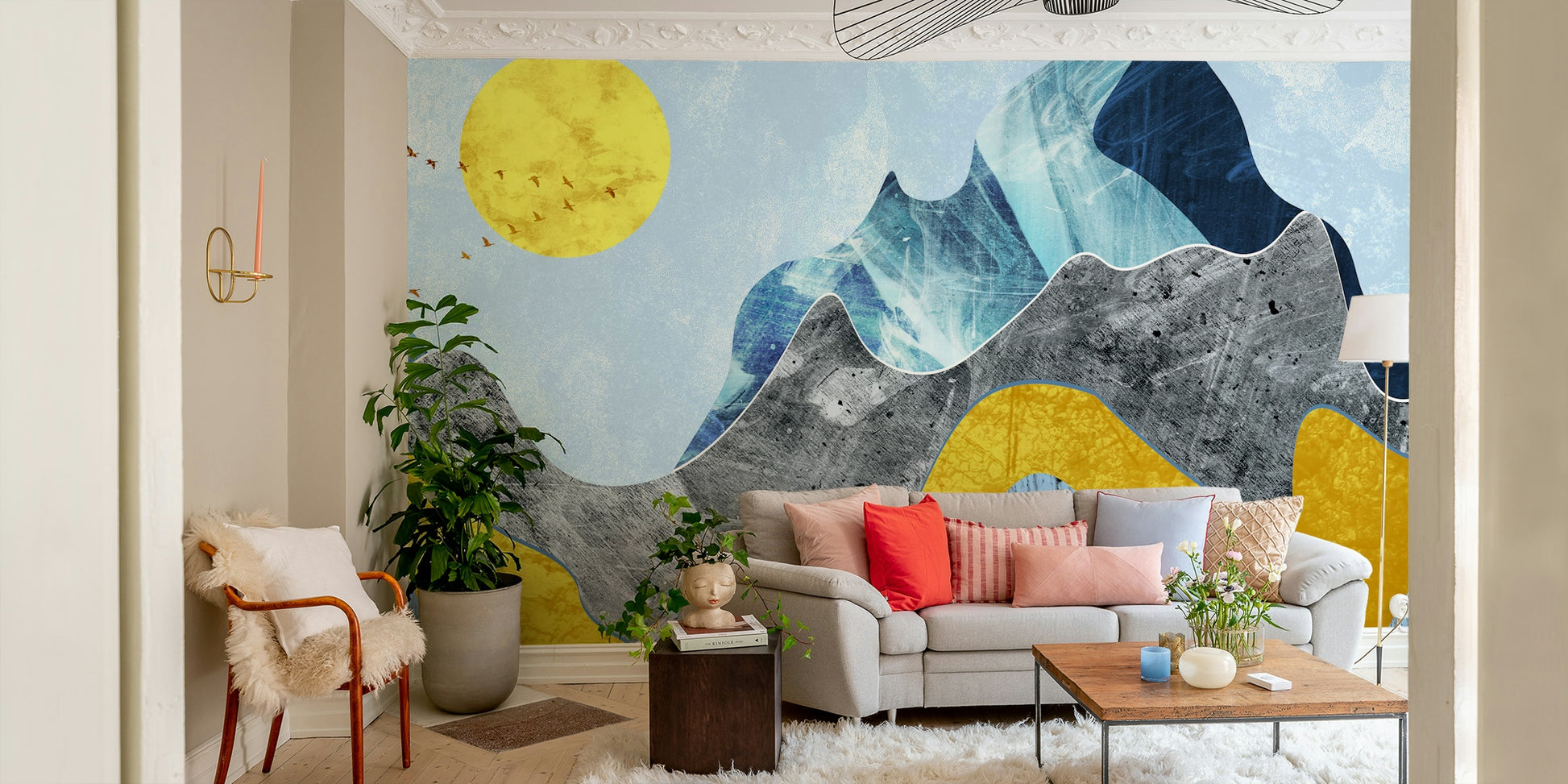 The marbled mountains design on a chimney breast feature wall in a classic interior.