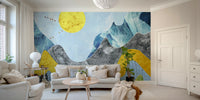 The marbled mountains mural in a stylish flat featuring soft grey tones and velvet upholstery.