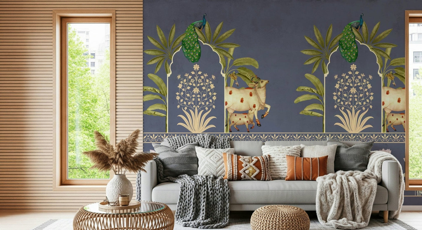 Hallway wall decor mural with arch motif, deep blue pattern with neutral base, modern apartment styling