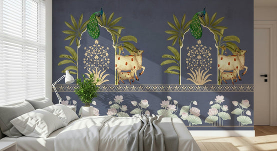 The Neelambar Arch wall mural in modern living room, deep blue arch motif with beige accents, feature wall behind sofa