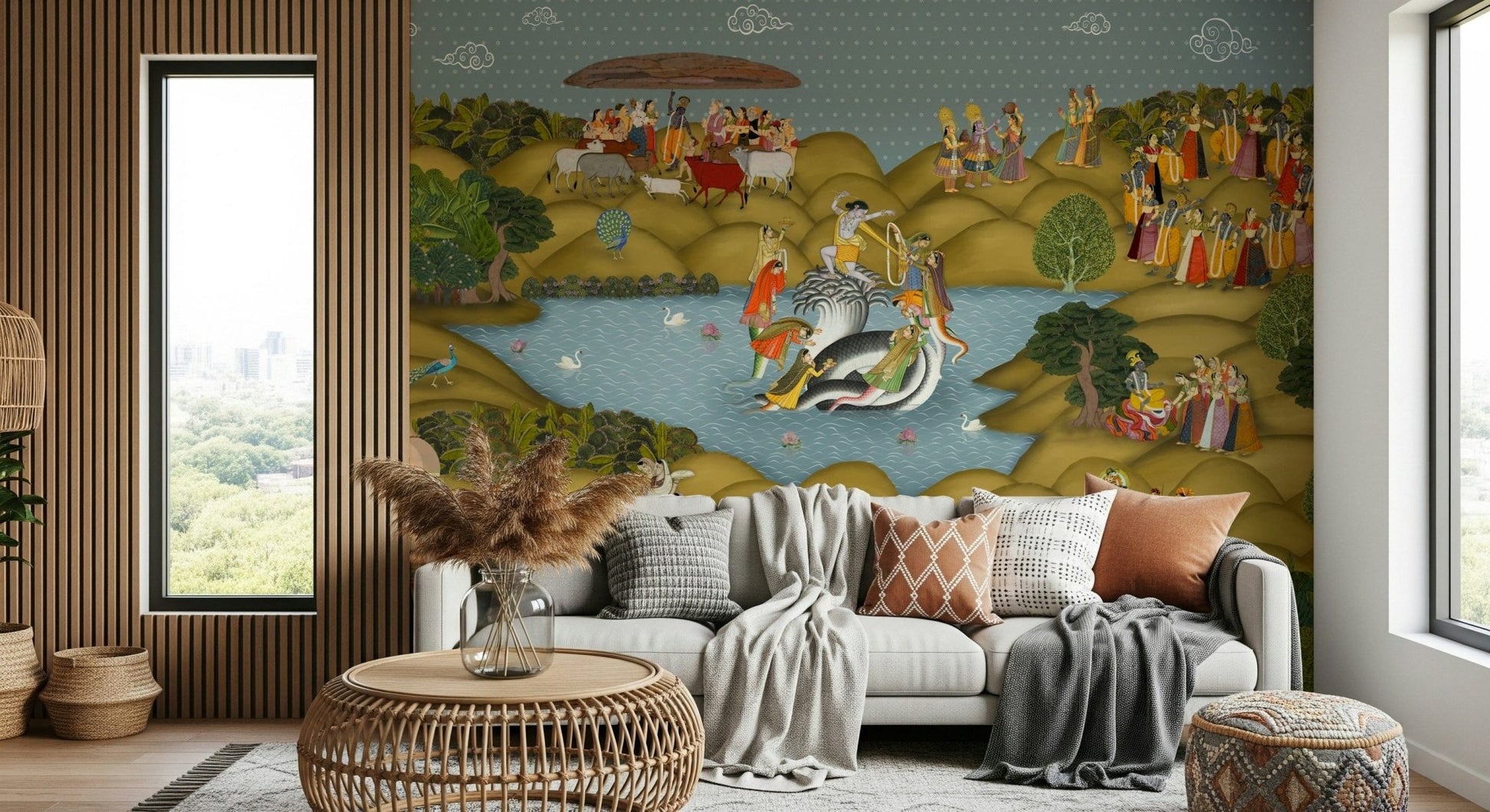 Detailed Indian miniature art mural with storytelling scenes and nature elements