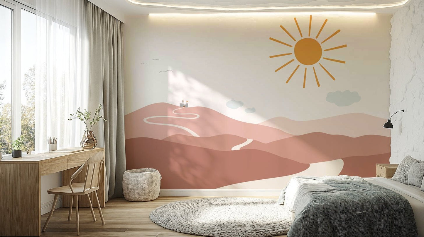 Forest pathway mural with castle in the background and soft lighting.

