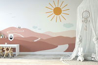 Magical landscape mural with trees and a castle beyond.

