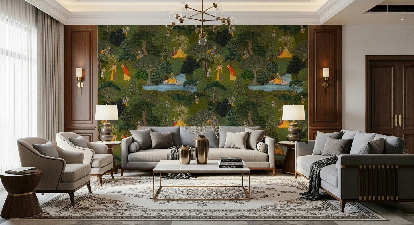 Green Wallpaper depicting a calm grove with water, trees, and Pichwai motifs