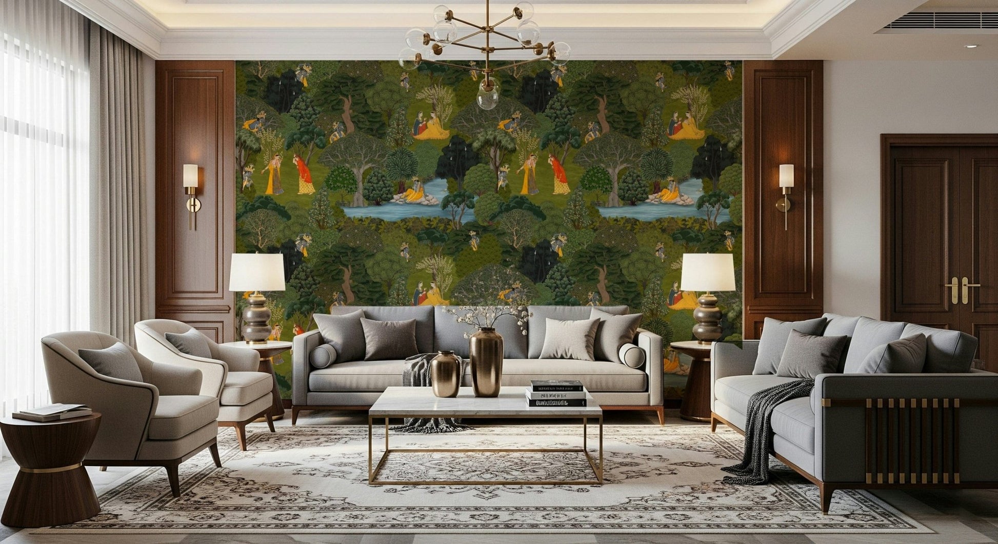 Green Wallpaper depicting a calm grove with water, trees, and Pichwai motifs