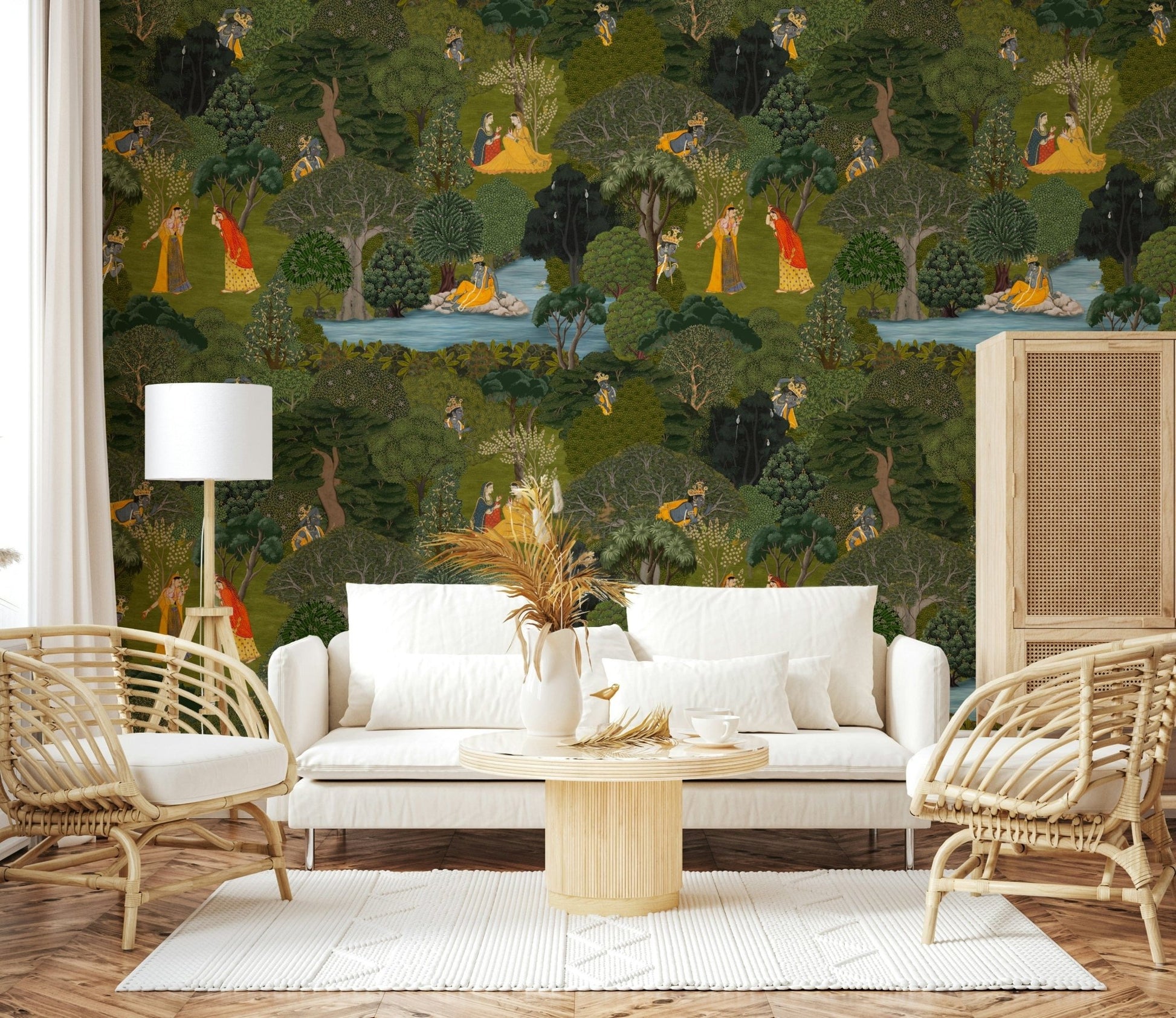 Nature Wallpaper with layered green trees and river scenes in Pichwai style