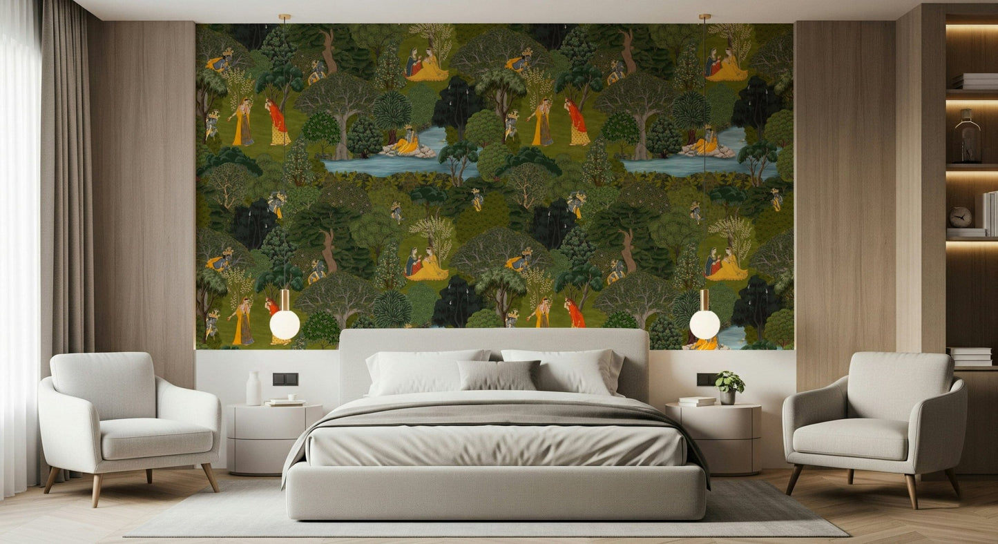 Forest Wallpaper with detailed greenery and storytelling scenes from Indian art