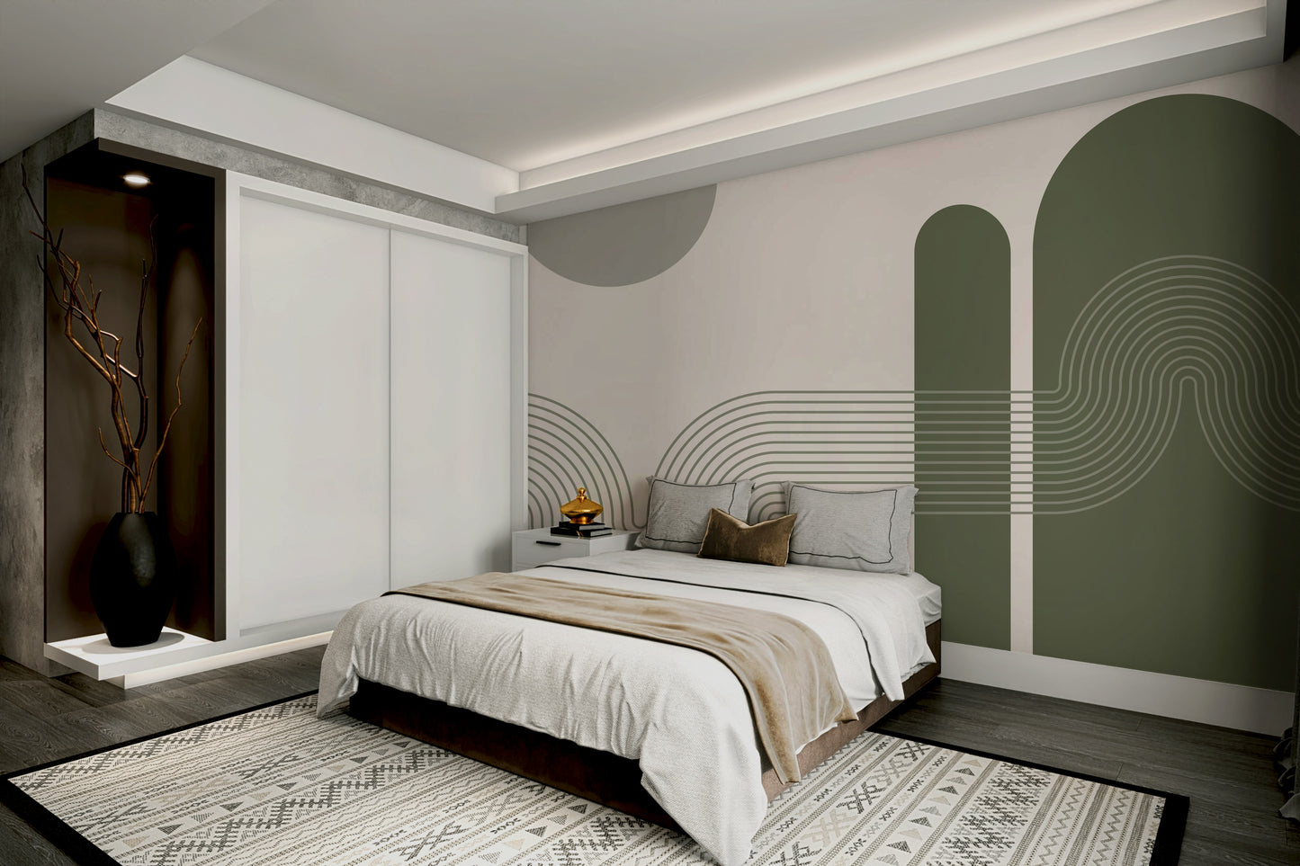 Minimalist wall mural featuring elegant curved lines

