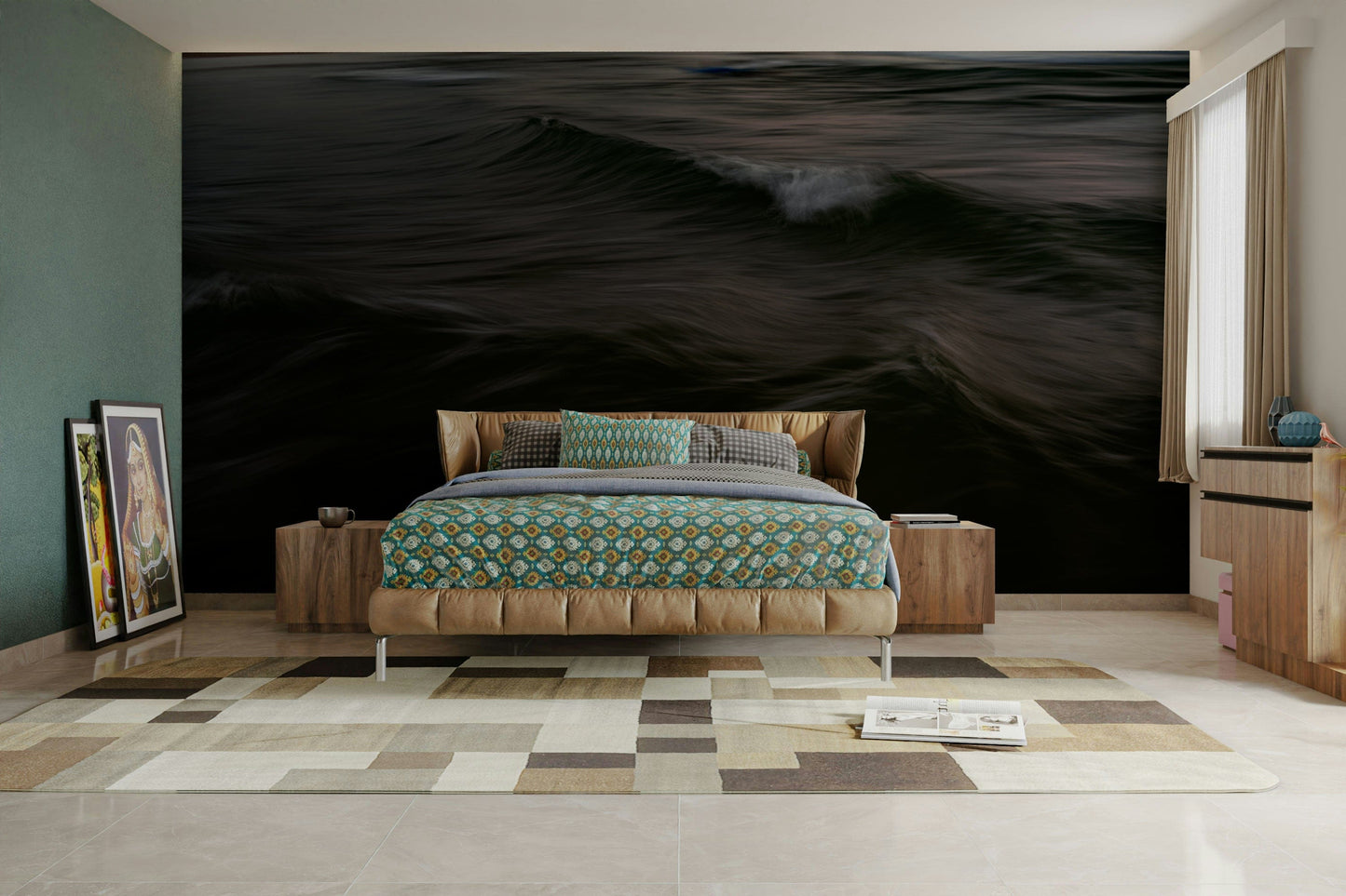 A minimalist interior with the ocean-themed wallpaper.

