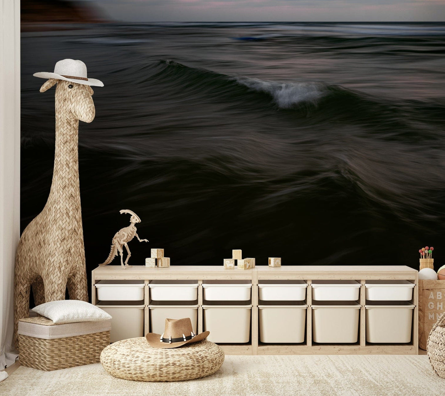 The wallpaper is used as a feature wall in a bedroom.

