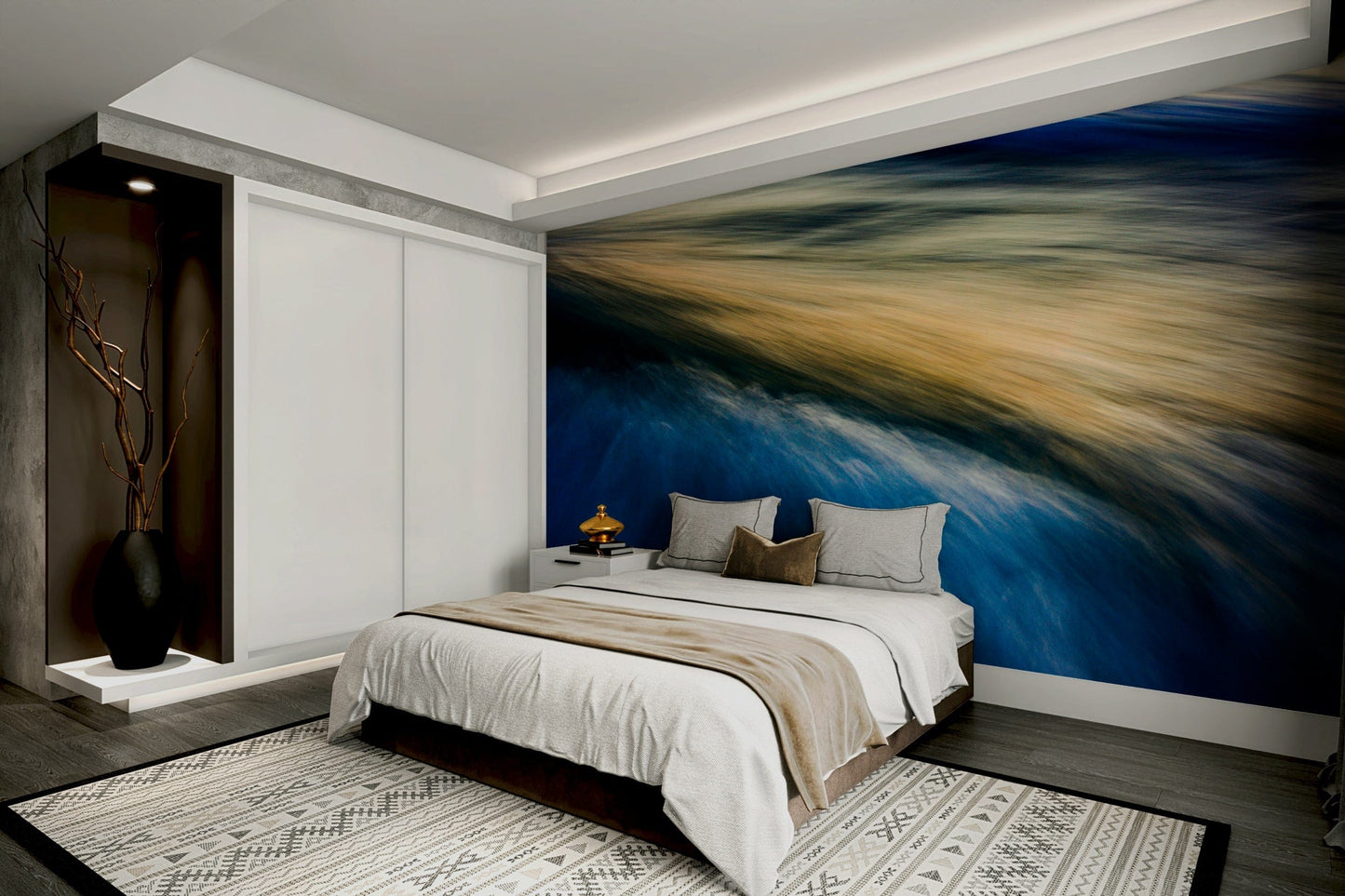 A peaceful open ocean mural on decorative wallpaper.

