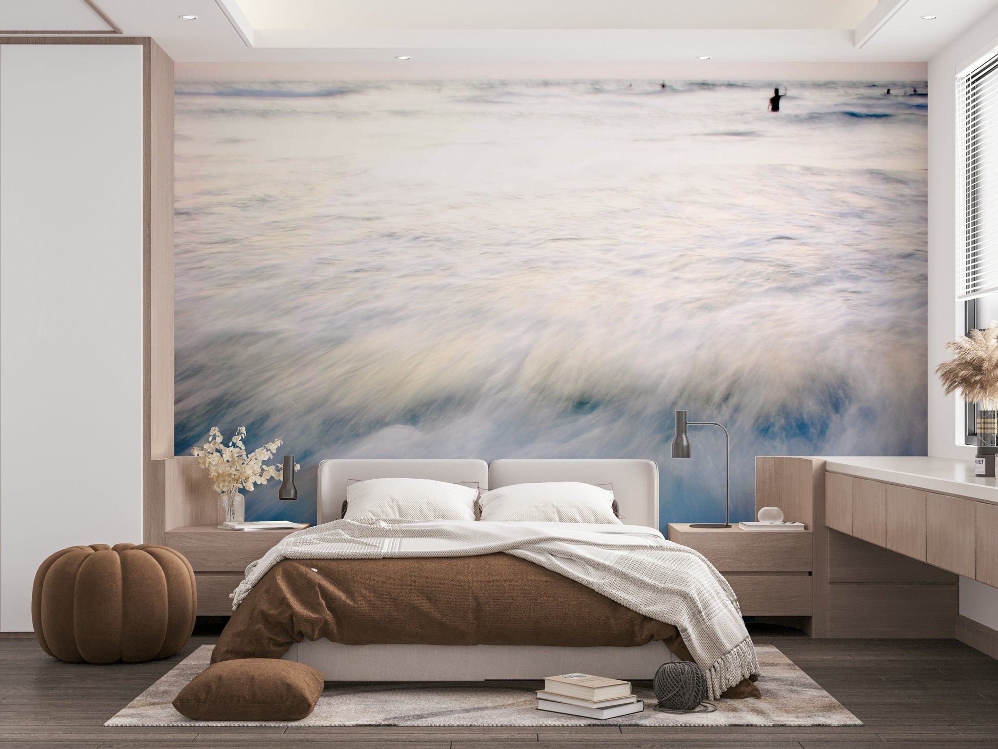 An artistic coastal scene mural on minimalist wallpaper.

