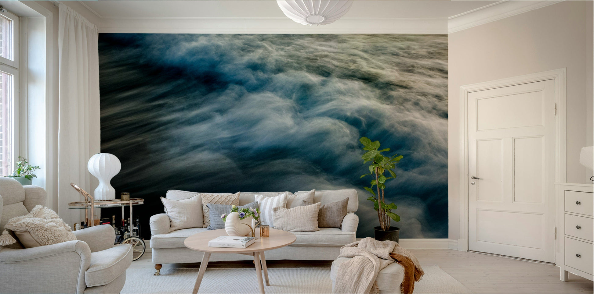 A beautiful abstract ocean wall mural for a living room.

