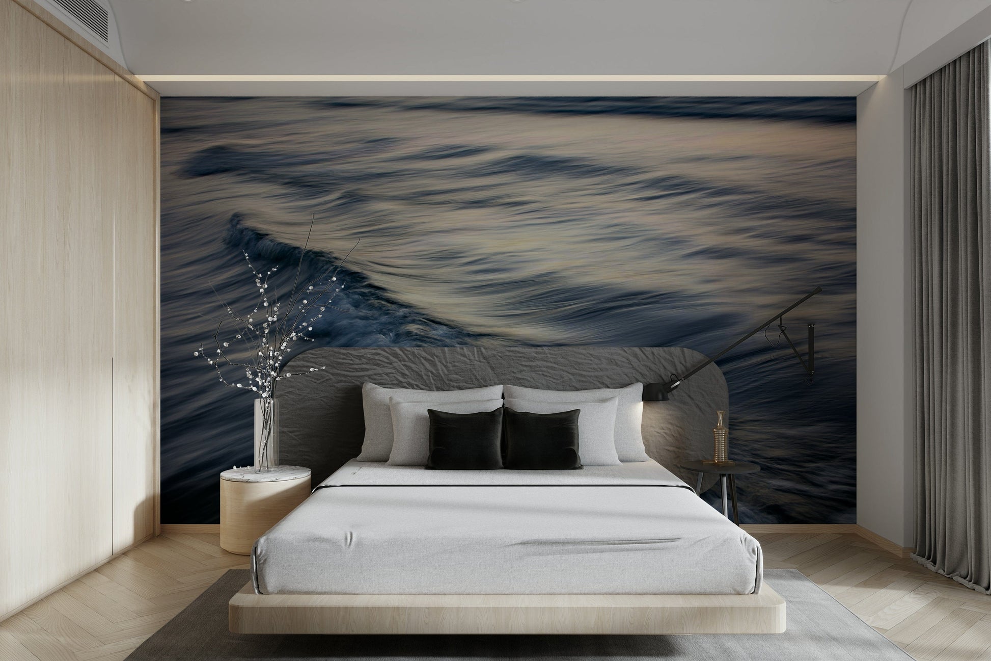 A calming water movement wallpaper mural that defines a space.

