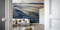 An artistic coastal scene mural on minimalist wallpaper.

