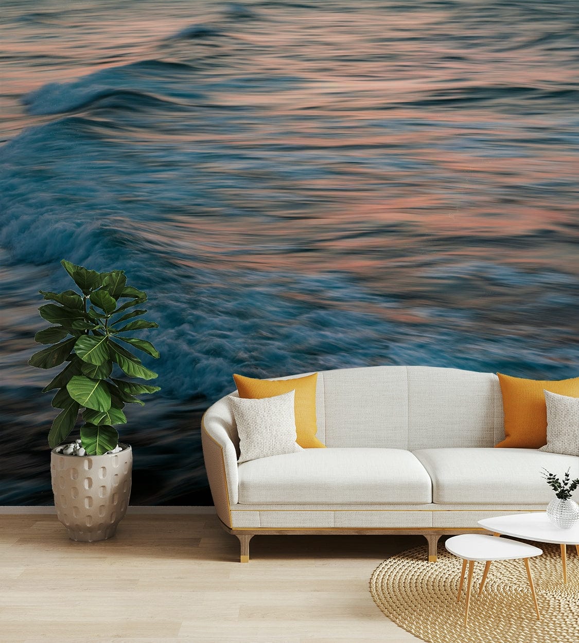 A minimalist home office with the abstract wave wallpaper.

