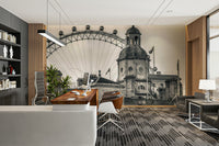 Black and white London landmark room wallpaper.

