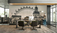 Historic building and wheel wallpaper for wall mural.

