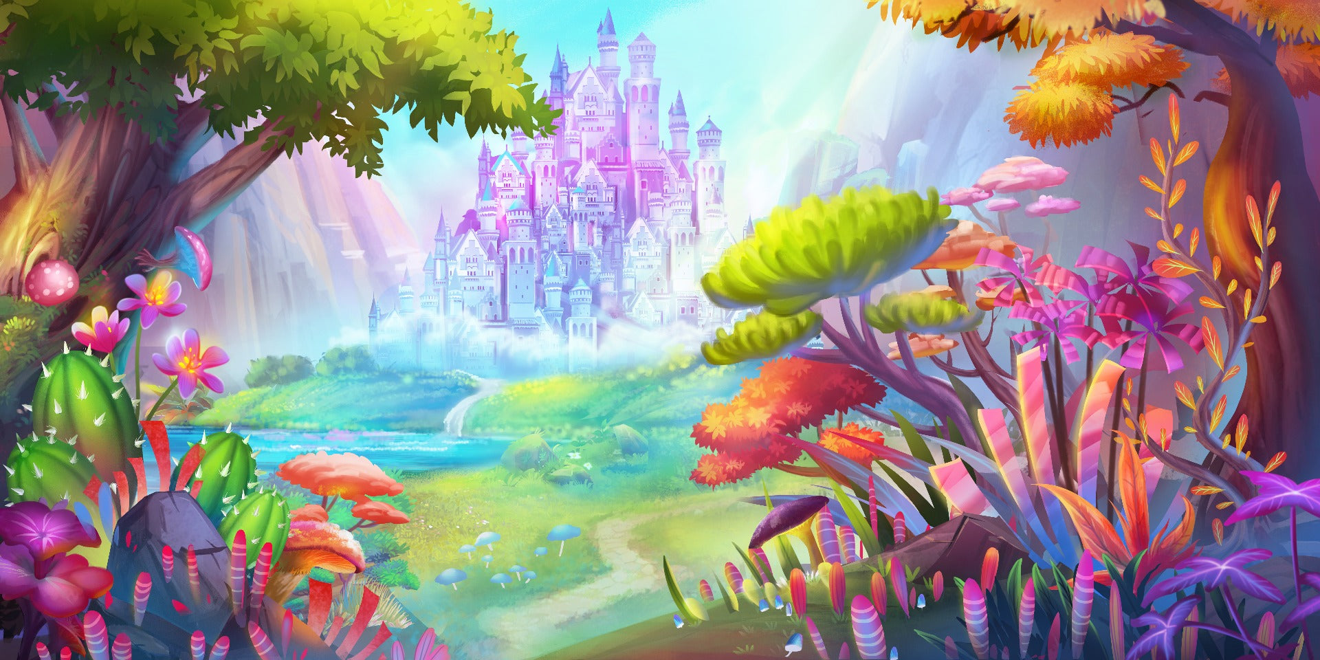 Kids’ Animated Fairy Castle Wallpaper Mural in your room — zoomed