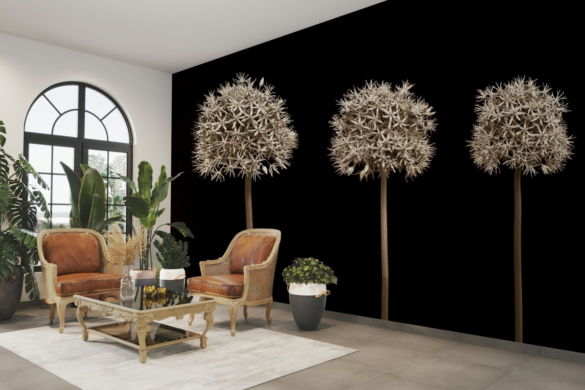 Elegant white allium flowers against a dark black background mural.

