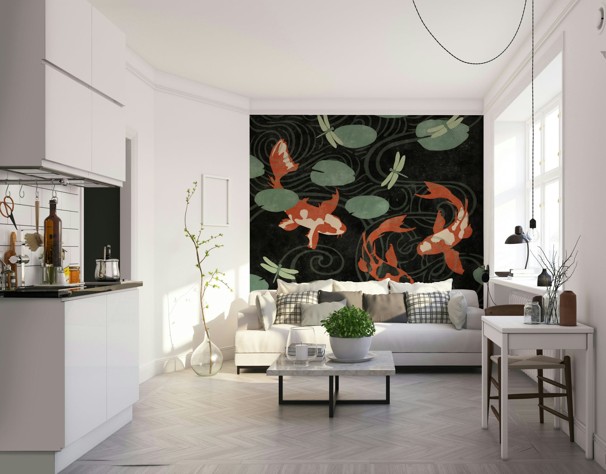 Lush koi pond wall mural for nature-inspired interiors.


