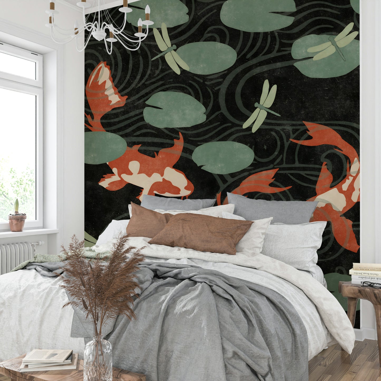 Tranquil koi fish design wall mural for a relaxing atmosphere.

