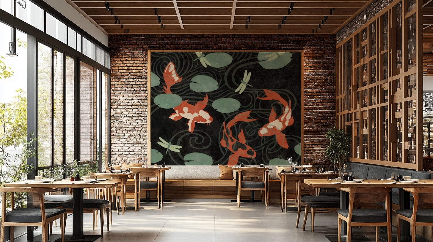 Serene koi pond mural with fish and greenery design.

