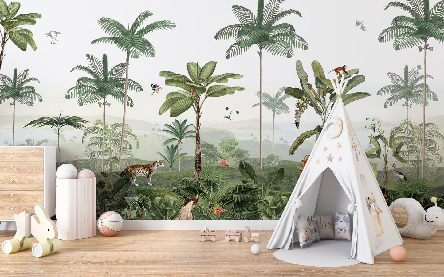 Thrilling Tropics wallpaper mural of jungle palms and a leopard behind a white play teepee in a kids room